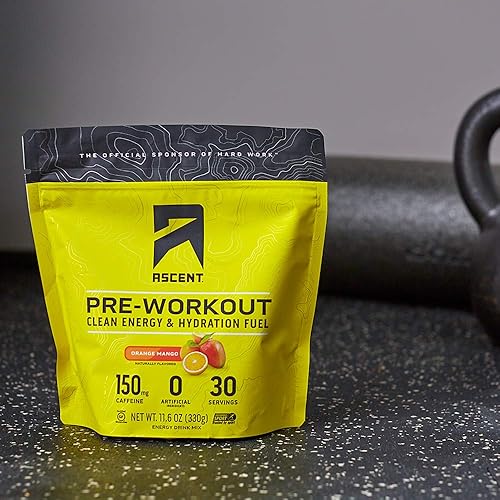 Ascent Pre Workout - Preworkout Powder, Zero Artificial Ingredients, Clean Energy for Men & Women, 150mg Caffeine - Orange Mango, 30 Servings