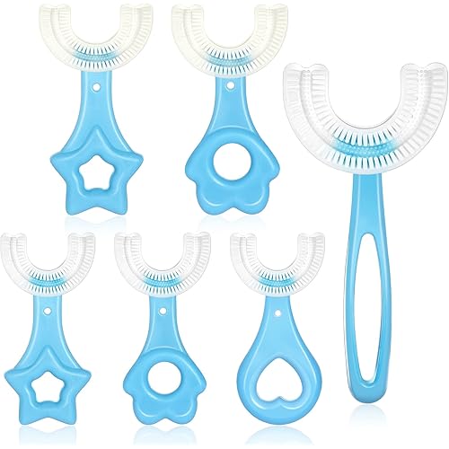 6 Pieces Kids U Shaped Toothbrush with Silicone Brush Head U Type Toothbrush Tooth Brushes for Kids U Shaped Toothbrush for Toddlers 2-12 Years Old Blue