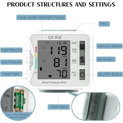 Portable Blood Pressure Monitors for Home Use Adjustable Blood Pressure Wrist Cuff Automatic Bp Machine Large Screen Display Reading Memory bp Pressure Monitor Wrist for Adult, White 1st Aid