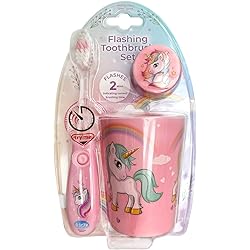 Lily's Home Kids Toothbrush with Flashing Timer with a Cup and Toothbrush Cover. Encourage Children to Brush Their Teeth Unicorn