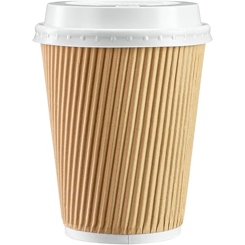 100 Sets - 12 oz.] Insulated Ripple Paper Hot Coffee Cups With Lids