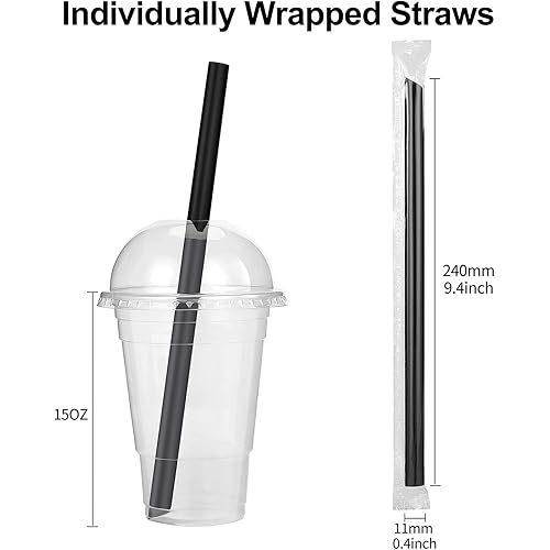 RENYIH 400 Pcs Black Boba Straws Jumbo Smoothie Straws,Individually Wrapped Disposable Plastic Large Wide-mouthed Milkshake Drinking Straws0.43" Wide X 9.45" Long