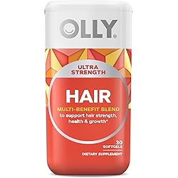 OLLY Ultra Strength Hair Softgels, Supports Hair Strength, Health and Growth, Biotin, Keratin, Vitamin D, B12, Hair Supplement, 30 Day Supply - 30 Count Packaging May Vary