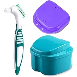 Denture Bath Case Cup with Denture Cleaner Brush & Retainer Holder Box, Complete Clean Care for Dentures, Clear Braces, Mouth Guard, Night Guard & Retainers,Traveling Blue