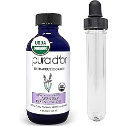 PURA D'OR Organic Lavender Essential Oil 4oz with Glass Dropper 100% Pure & Natural Therapeutic Grade for Hair, Body, Skin, Aromatherapy Diffuser, Relaxation, Meditation, Massage, Home, DIY Soap