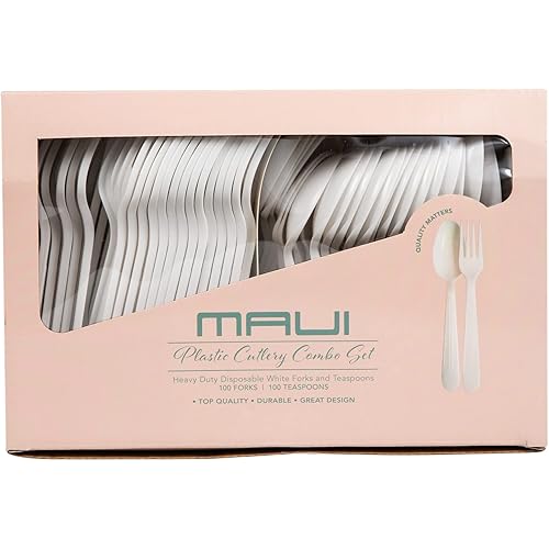 MAUI Plastic Cutlery Combo Set - 100 Forks -100 Spoons - Heavy Duty Disposable Forks and Spoons. Spoon good for soup & dinning , super heavyweight. Good For Gathering & Parties Hard To Break easy open