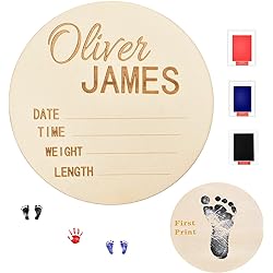 Newborn Announcement Sign Wooden for Baby Name and Birth Details for Hospital Custom Photo Baby Announcement Sign Fingerprint Footprints can be Left on The Back （4-6inch