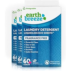 Earth Breeze - Liquid-less Laundry Detergent Sheets - Fragrance Free - No Plastic Jug 180 Loads 90 Sheets Pack of 3