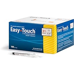EasyTouch U-100 Insulin Syringe with Needle, 31G 1cc 516-Inch 8mm, Box of 100