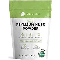 Psyllium Husk Powder for Fiber Supplement and Keto Fiber 12 oz by Kate Naturals. USDA Organic Fiber Powder Unflavored, Gluten Free, Non-GMO. Organic Psyllium Husk Powder for Baking & Low Carb Bread