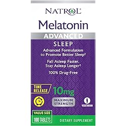 Natrol Melatonin Advanced Sleep Tablets with Vitamin B6, Helps You Fall Asleep Faster, Stay Asleep Longer, 2-Layer Controlled Release, 100% Drug-Free, Maximum Strength, 10mg, 100 Count