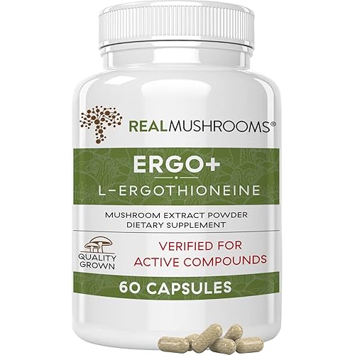 Real Mushrooms L-Ergothioneine, Oyster, Shiitake Mushroom Extract 60ct Longevity, Immune Support & Brain Supplement with Beta Glucan - Organic, Vegan Immune System Supplement