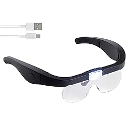 TMANGO Head Magnifier Glasses, Rechargeable Magnifying Glass with 2 LED Lights and Interchangeable Lenses 1.5X, 2.5X, 3.5X, 5X, Lightweight Eyeglasses Magnifier for Hobby, Craft, Reading, Soldering