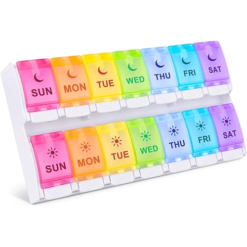 DANYING New Version Large 7 Day Pill Organizer 2 Times a Day, Push Button Weekly Pill Box, AM PM Pill Case, Rainbow Pill Container, Twice A Day Vitamin Organizer