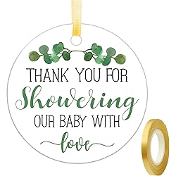 Thank You for Showering Our Baby with Love Tags, Baby Shower Favor Tags, Thank You Gift Tags Baby Shower, Thank You Tags with String, 2 Inches, 50 Count with Golden Ribbon