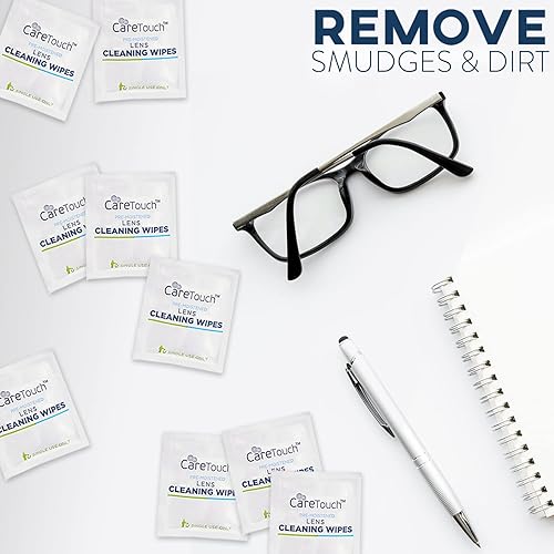 Care Touch Lens Wipes for Eyeglasses | Individually Wrapped Eye Glasses Wipes | 100 Pre-Moistened Lens Cleaning Eyeglass Wipes
