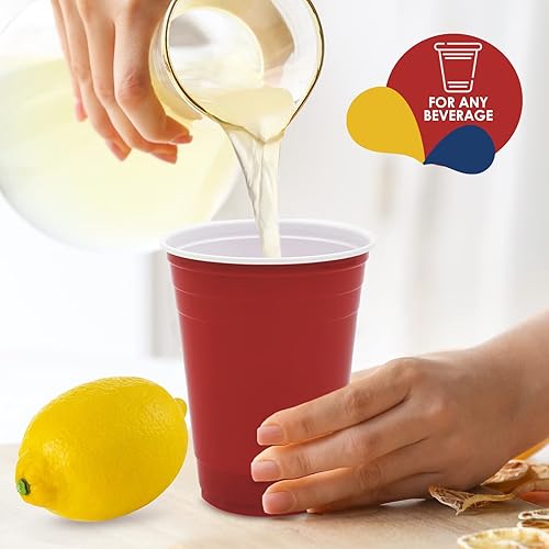 PAMI Red Plastic Party Cups [Pack of 50] - 16oz Disposable Drinking Glasses- Easy Grip Plastic Glasses For Iced Tea, Smoothies, Punch, Cocktails & Cold Drinks- Beer Beerpong Cups In Resealable Bag
