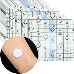 Shower Waterproof Sensor Cover Adhesive Patches for Freestyle Libre 1 & 2 3, Transparent Transmitter Protection Shield Arm Leg CGM Tape Bandage, No Glue On The Center 4 x 4 Inch Pack of 50