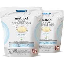 Method Laundry Detergent Packs, Hypoallergenic Formula & Plant-Based Stain Remover that Works in Hot & Cold Water, Fragrence Free Clear, 42 Packs per Bag, 2 Pack 84 Loads, Packaging May Vary