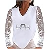 Womens Bikini Tops Long Sleeve V Neck Blouses & Shirts Casual Valentine's Day Electrocardiogram Print V Neck Lace Splicing Long Sleeve Pullover Blouse T Shirt Tops Easy Match Activewear2801