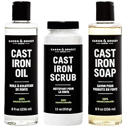 Caron & Doucet - Ultimate Cast Iron Set: Seasoning Oil, Cleaning Soap & Restoring Scrub | 100% Plant-Based & Best for Cleaning Care, Washing, Restoring & Seasoning Cast Iron Skillets, Pans & Grills