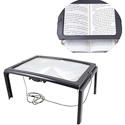 3X Hands-Free Reading Magnifying Glass Rectangular Full-Page Magnifier with 4 LED Lights Foldable Desktop Loupe Portable Hanging Magnify Lens for The Elders Seniors Kids Aging Eyes Low Vision