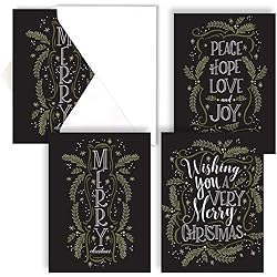 Christmas Pines Typography Christmas Holiday Card Assortment Pack - Set of 24 cards, 3 designs. 5'' x 7'' folded, verses inside. Made in the USA. Blank white envelopes