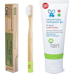Rain Natural Bamboo Kids Toothbrush Set Fluoride-Free Baby Toothpaste Safe to Swallow with Vitamin C for 6 to 12 Months Up Infant Toddler Toothbrush BPA-Free Biodegradable 1 Toothbrush 1 Toothpaste