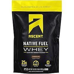 Ascent Native Fuel Whey Protein Powder - Post Workout Whey Protein Isolate, Zero Artificial Ingredients, Soy & Gluten Free, 5.7g BCAA, 2.7g Leucine, Essential Amino Acids, Chocolate 2 lb