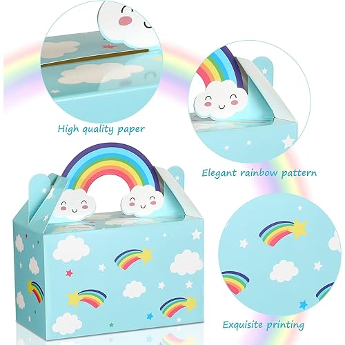 12 Packs Party Favor Boxes Treat Boxes with Handles Rainbow Baby Shower Boxes Cloud Paper Goodie Boxes Gable Boxes for Rainbow Birthday Decorations Boy Girl Kids' Party Supplies, 9 x 11.2 x 3.6 Inch