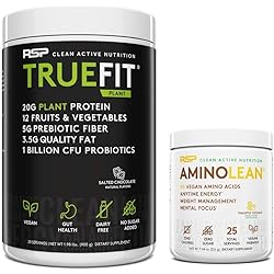 Vegan AminoLean Pre Workout Energy Pineapple Coconut 25 Servings with TrueFit Vegan Protein Powder Salted Chocolate 2 LB