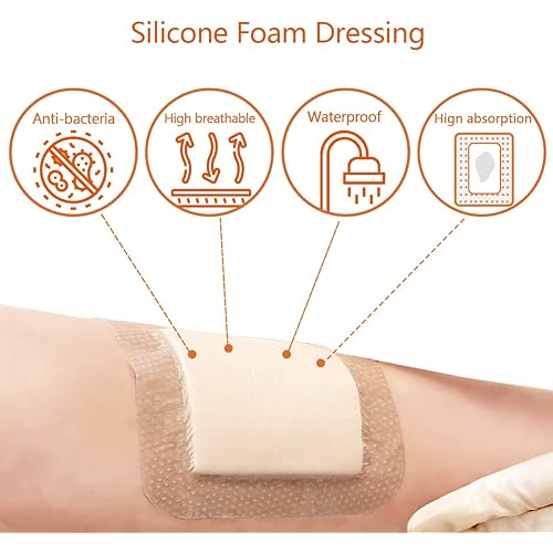 Silicone Foam Dressing, Bordered Silicone Adhesive Foam Bandage, High Absorbency Wound Care Products for Pressure Ulcer, Bedsore Wound, and Diabetic Ulcer, 4'' X 4'', 10 Pack