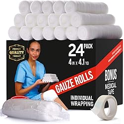 Premium Gauze Bandage Roll - 24pk Free Bonus Medical Tape - 4 inches x 4.1yards Gauze Wrap - Individually Wrapped Gauze Roll