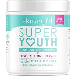 SkinnyFit Super Youth Multi-Collagen Peptides Plus Apple Cider Vinegar, Hyaluronic Acid, Vitamin C Tropical Punch Flavor, Hair, Skin, Nail & Joint Support, Immunity, Healthy Metabolism, 28 Servings
