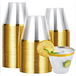 100 PACK Gold Plastic Cups,9 Oz Clear Plastic Cups Tumblers, Elegant Gold Rimmed Plastic Cups, Disposable Cups With Gold Rim Perfect For Wedding,Thanksgiving Day, Christmas Party Cups