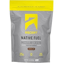 Ascent Native Fuel Casein Protein Powder - 25g Micellar Casein with Zero Artificial Ingredients, Soy & Gluten-Free, No Added Sugar, 4.9g BCAA, 2.2g Leucine - Chocolate, 2 Pounds