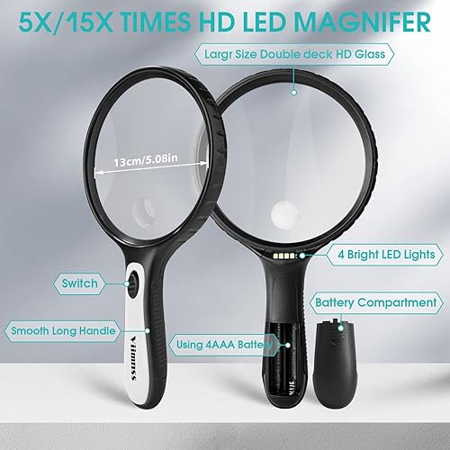 Magnifying Glass with Light, Large Magnifier 5X 15X Handheld Illuminated Lighted Magnifier with 4 LED Lights Storage Bag Clean Cloth for Seniors Reading, Inspection, Exploring