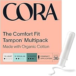 Cora Organic Applicator Tampons | LightRegularSuper Absorbency | 100% Cotton Core, Unscented, BPA-Free Compact Applicator | Leak Protection, Easy Insertion, Non-Toxic | Packaging May Vary 36 Count