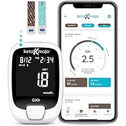 KETO-MOJO GK Bluetooth Glucose & Ketone Testing Kit Free APP for Ketosis & Diabetes Management. 20 Blood Test Strips 10 Each, Meter, 20 Lancets, Lancing Device, and Control Solutions