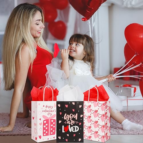 DERAYEE Valentines Day Gift Bags, 24 Pack Valentines Day Bags with Tissue Paper Medium Valentines Treat Bags Goody Bags Party Favors for Kids 9