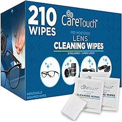Care Touch Lens Wipes for Eyeglasses | Individually Wrapped Eye Glasses Wipes | 210 Pre-Moistened Lens Cleaning Eyeglass Wipes