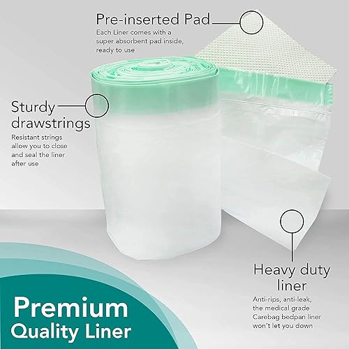 The Original Carebag Bedpan Liner with Super Absorbent Pad, 20 Count – Medical Grade, Fits Any Standard Bedside Commode Bucket – 20 Disposable Commode Liners for an Adult Commode Chair