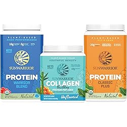 Sunwarrior Classic Plus, Warrior Blend, and Collagen Builder Unflavored Bundle, Organic Vegan Plant Protein Powder with BCAAs and Pea Protein - Dairy Free, Gluten Free, Soy Free, Non- GMO, Plant Based