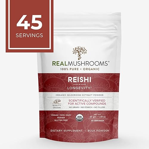 Real Mushrooms Reishi Mushroom Extract 45 Servings Vegan, Organic, Non-GMO Reishi Mushroom Powder - Organic Mushroom Powder for Longevity & Relaxation - Reishi Mushroom Supplement