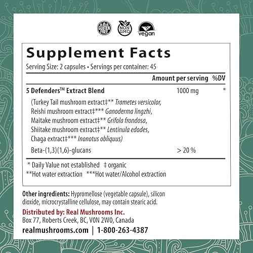 5 Defender Supplements - Chaga, Shiitake, Maitake, Turkey Tail, Reishi Mushroom - Promote Better Immune Support & Overall Wellbeing