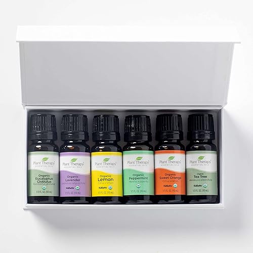Plant Therapy Top 6 Organic Essential Oil Set - Lavender, Peppermint, Eucalyptus, Lemon, Tea Tree 100% Pure, USDA Organic, Natural Aromatherapy, Therapeutic Grade 10 mL 13 oz