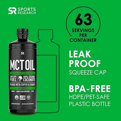 Sports Research Keto MCT Oil from Organic Coconuts - Fatty Acid Fuel for Body Brain - Triple Ingredient C8, C10, C12 MCTs - Perfect in Coffee, Tea, More - Non-GMO & Vegan - Unflavored 32 Oz