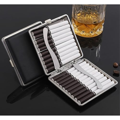 tlhaoa Cigarette Case Stylish Leather Surface Metal Box for 20 Cigarettes Cigarette Box for Men and Women Ideal Gift for Smoker 2 Boxes 84mm Regular SizeBlack Brown