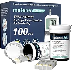 Metene AGM-513S Test Strips for Diabetes, 100 Count Blood Glucose Test Strips, Use with Metene AGM-513S Blood Glucose Monitoring System Only