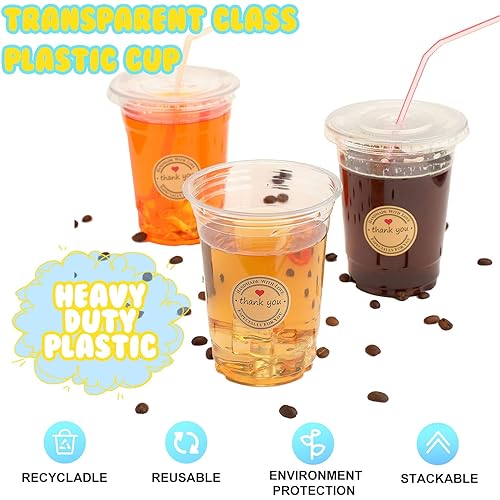 50 Pack 16 oz Clear Plastic Cups, Disposable Cups with Flat Lids and Straws, Crystal Plastic PET Cups with Stickers, Disposable Plastic Cups for Iced Coffee, Cold Drinks, Dessert, Party, Events